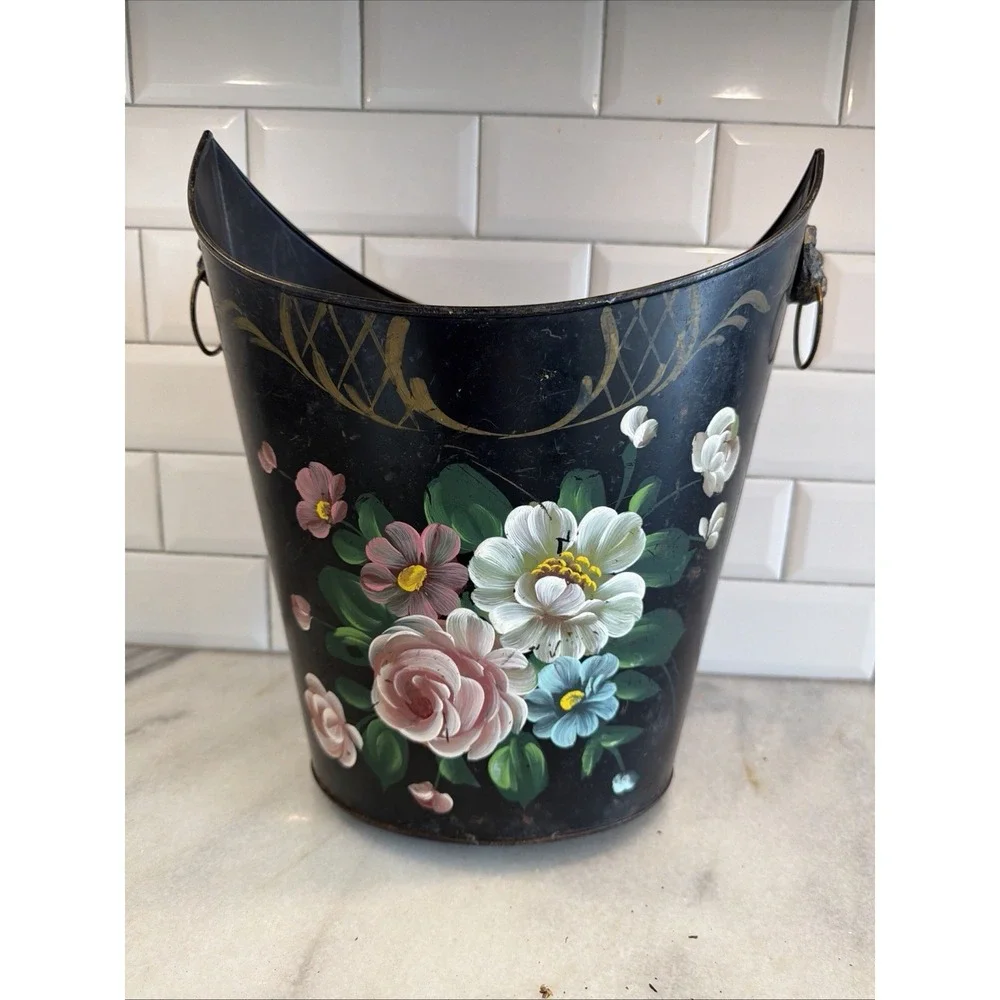 Hand Painted Floral Black Metal Toleware Wastebasket OLA0053